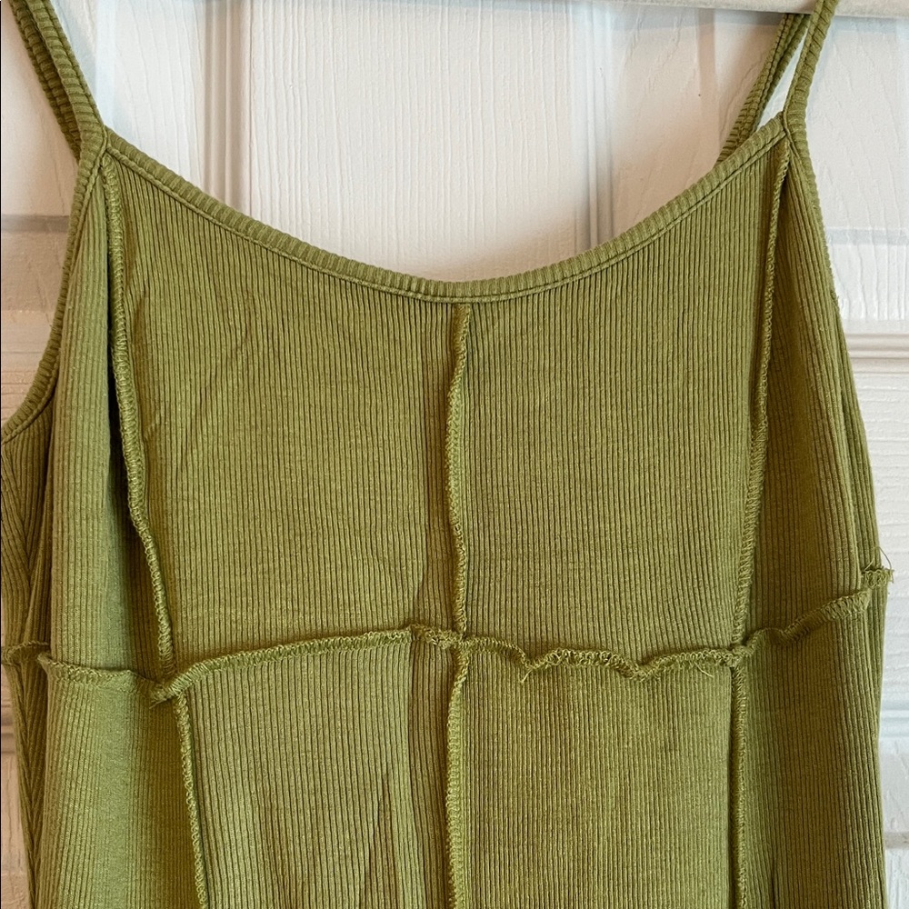 Green sage cotton ribbed Spaghetti Strap Dress rustic seams
